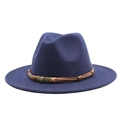 Navy blue wool fedora with brown braided leather band and metal skull accent - One Size 58cm / Navy Blue