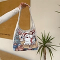White canvas tote bag with cute Christmas dog illustration and single shoulder strap - Christmas Dog Large