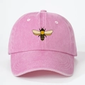 Detailed embroidery of a small bee on a pink washed cotton baseball cap texture - One Size / Pink
