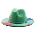 Regenboog tie-dye fedora hoed met blauwe lederen band en gouden gesp detail - M (56-58cm) / Meerblauw Tie-dye