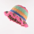 Rainbow striped knit bucket hat with pink faux fur trim for winter warmth - M / Rose Red