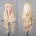 Detail of 80cm long wavy blonde cosplay wig with bangs and natural curly texture - Light Gold