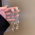 Elegant gold tassel earrings with pearls, star pendants, and long chains for women - 23# Silver Earring Post-Alloy-Golden Pearl Tassel