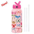 Borraccia rosa opaca in acciaio inox con motivi a fiocco colorati e set cannuccia - Rosa Chiaro 11R