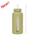 800ml glass water bottle with avocado green silicone sleeve, straw, and cleaning brush - Matcha Green (New)