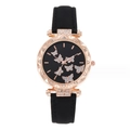 Elegant women's watch with butterfly motifs on black dial and black leather strap - Black