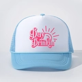 Retro light blue and white trucker hat featuring Day Drinkin print and mesh back design - White/Sky Blue