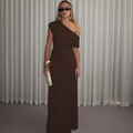 Detailed close-up of the elegant ruched texture and chocolate brown fabric of the dress - S / Brown