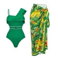Green one-shoulder ruffled swimsuit with tropical leaf print sarong wrap skirt - S / Green One-Shoulder Sarong Set