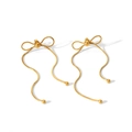 Golden titanium steel bow earrings with sleek snake chain and spherical accents - Ball Pendant Tassel Bowknot Style (TE6723-G)