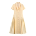 Robe élégante jaune clair à manches courtes avec col à revers et boutons perles - S / Jaune clair