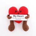 Cute handmade red knitted heart doll holding a card saying my heart is with you - Heart With White M Card