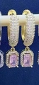 Elegant gold earrings featuring micro-paved white diamonds and square pink gemstones - Gold U-Shape Style / Gold Pink Zirconia