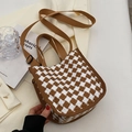 Brown and white checkerboard quilted canvas crossbody bag with adjustable strap - Brown