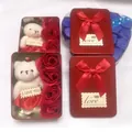 Red tin gift box with soap roses, teddy bear, and satin bow for Mother's Day - 4 Flowers With Bear / Red