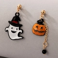 Orecchini di Halloween asimmetrici con fantasma bianco, cappello e zucca arancione - Stile Fantasma Mago e Zucca (16686)