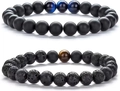Stack of matte black beads and lava stone bracelets with tiger eye gemstone accents - Matte Black & Lava Stone