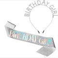 Silver birthday girl tiara set with rhinestone headband and glitter sash for parties - Headband Sash Set / Silver Headband + Silver Holographic Sash Set