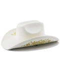 Détail de la broderie florale dorée sur un chapeau de cow-boy blanc en daim élégant - M (56-58cm) / Platine