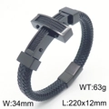 Bracciale da uomo in pelle nera intrecciata con croce in acciaio e chiusura magnetica - 22cm / Nero