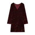 Elegant deep red long sleeve dress with shimmering sequins and classic V-neck style - XS / Burgundy