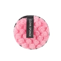 Pink round plush facial cleansing sponge with black ribbon handle for skin care - 8cm / Pink