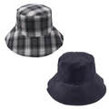 Detail shot of a reversible plaid and solid navy sun protection foldable bucket hat - One Size / Gray And White Plaid