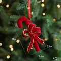 Red flocked candy cane Christmas ornament with bow, 11cm holiday tree decoration - Red Flocked Candy Cane