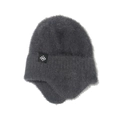 Close-up of thick grey winter knit hat with fluffy mink hair texture and ear flaps - M / Gray