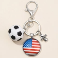 Silver metal soccer keychain with American flag pendant and I Heart Soccer charm - USA Flag