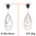 Silver teardrop earrings with black stone inlay and nested ring design 58x19mm - Silver Tone Earrings (KE116367-GC)