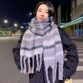 Thick grey plaid scarf with tassels for winter, featuring a warm cashmere-like texture - Striped Premium Gray