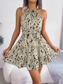Abito beige con stampa leopardata scollo all'americana cinturino in vita e orlo a strati - S / Albicocca