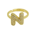 Adjustable gold ring with bubble letter N design and shimmering white zircon inlay - Adjustable Open / Gold-N