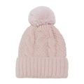 Detail of light pink cable knit beanie with soft faux fur pom and ribbed cuff texture - M(56-58cm) / Pink