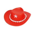 Mini red cowboy hat for dolls featuring sparkling rhinestones and a silver star detail - Red Cowboy Hat With White Rhinestone Chain