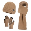 3-piece winter knit set in khaki including a thermal beanie, scarf, and touchscreen gloves - Khaki