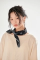 Detail of floral paisley cotton linen neck scarf styled with gold round earrings - Black Paisley
