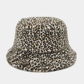 Close-up detail of plush leopard print faux fur texture on a winter bucket hat - One Size / Beige