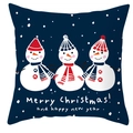 Close-up of blue Christmas pillowcase with three snowmen and Merry Christmas text - Dark Blue Three Snowmen Christmas New Year