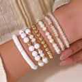6-piece layered acrylic crystal and alloy bead stretch bracelet set in white and gold - 7-Piece Set / White/Gold (SY0793-1)