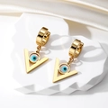 Minimalist evil eye triangle drop earrings with gold finish on elegant white silk base - Triangle Eye