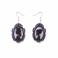 Gothic asymmetric earrings featuring black skeleton bride and groom cameo portraits - Purple
