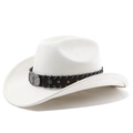 Detailed view of white cowboy hat with black leather band and bull head silver buckle - M (56-58cm) / Cream