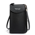 Chic black litchi textured crossbody phone bag with thin strap and white text design - Black