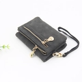 Detail of dark grey frosted leather wallet featuring double gold zippers and wrist strap - Short Style / Black