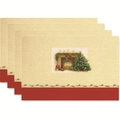 4-piece Christmas placemat set with festive fireplace and tree pattern on burlap fabric - Style 8
