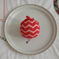 Red and white knitted Christmas tree ornament with wavy pattern and golden threads - 8cm Plush Ball 05 (1 Pc)