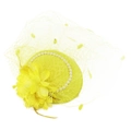 Elegante cappello fascinator giallo con velo, fiori a rete, piume e perle decorative - Giallo