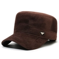 Gorra plana de pana marrón oscuro para hombre con orejeras y placa metálica de moda - Ajustable / café